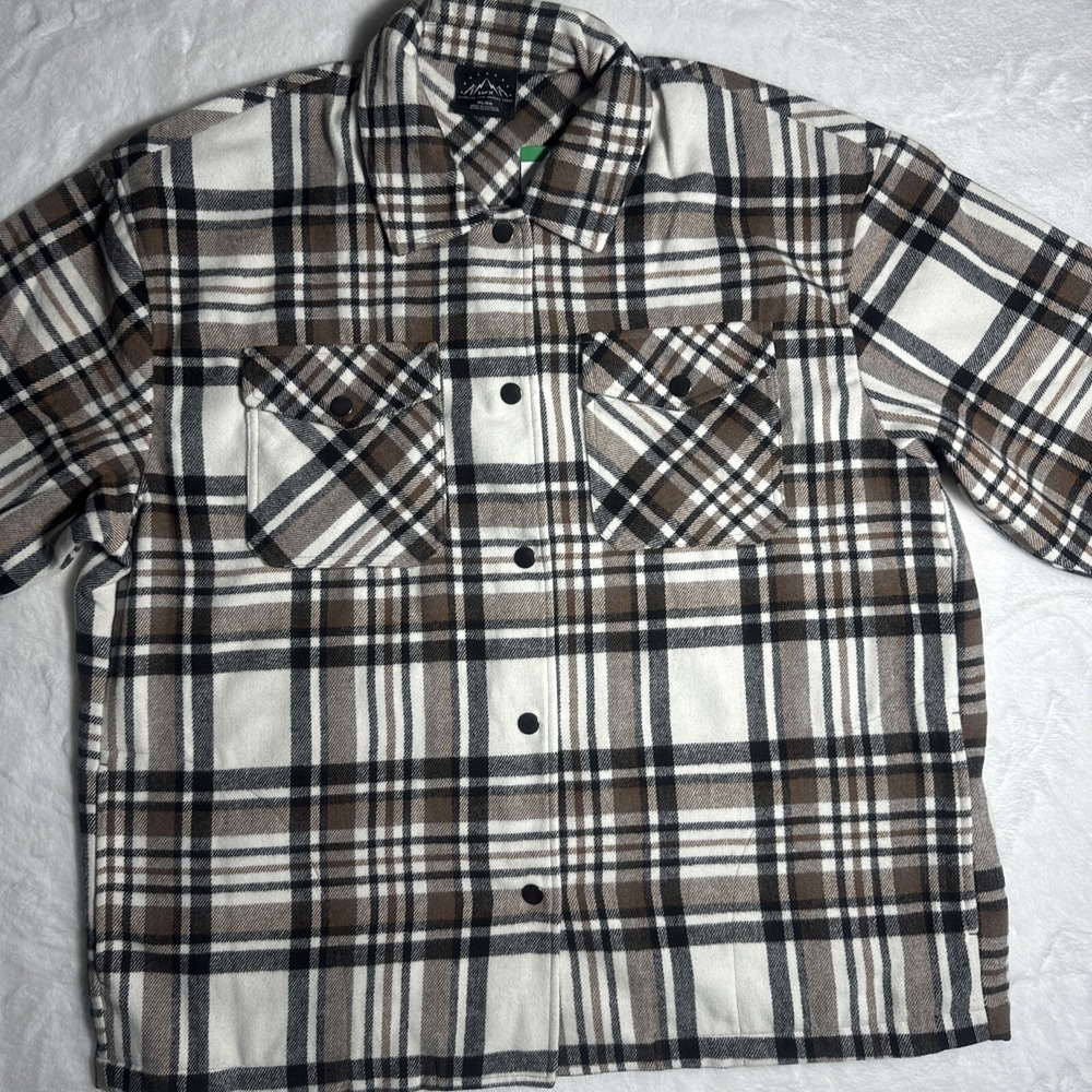 HFX Ladies Plaid Shirt Jacket XL Brown Black White Snap‎ Front Shacket New